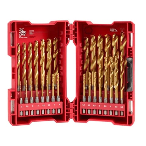 Milwaukee 48894862 29 Piece 2mm (0.08 in)-13mm (0.51 in) Metric 1/4-Hex Red SHOCKWAVE HELIX Titanium Drill Bit Set